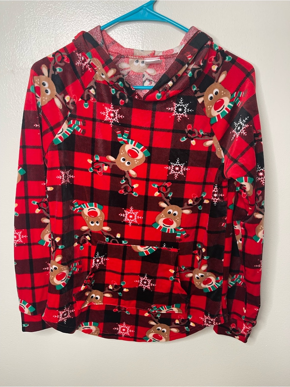 No Boundaries Red Plaid Reindeer Hooded Sweatshirt